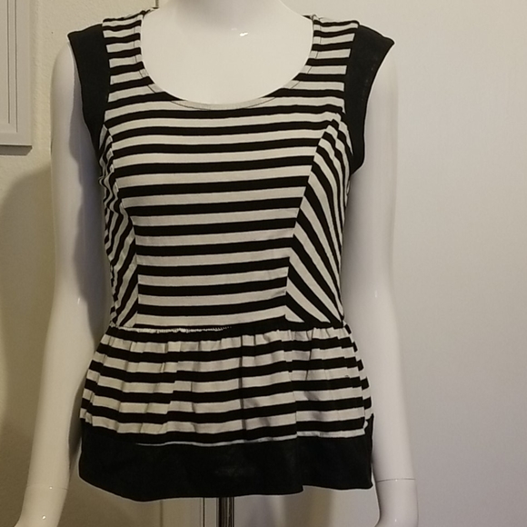 Monteau black/cream stripe peplum top size medium - Picture 1 of 8